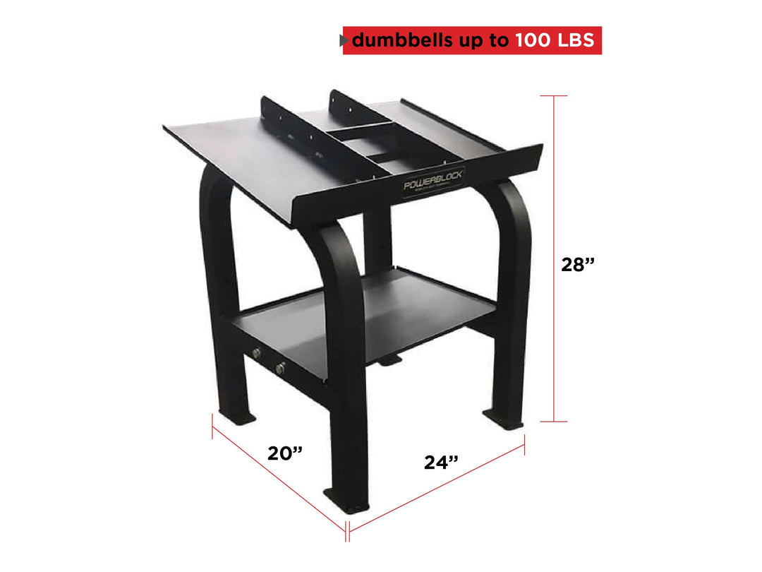 PowerBlock Pro Rack Stand with dimensions of 24 in x 20 in x 28 in can hold dumbbells up to 100 lb.