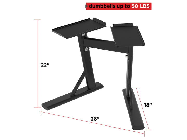 PowerBlock PowerStand dumbbell stand view from front, 22 by 28 by 22 inches. Dumbbells up to 50 pounds.