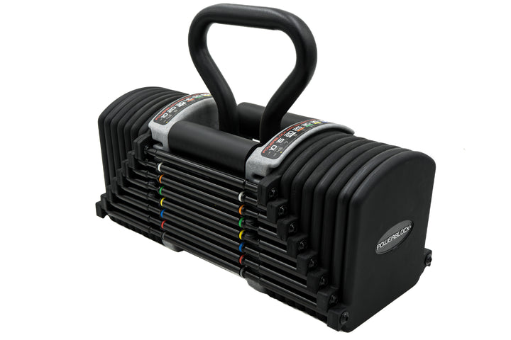 Grey pro series kettlebell handle in a PowerBlock Pro EXP adjustable dumbbell 