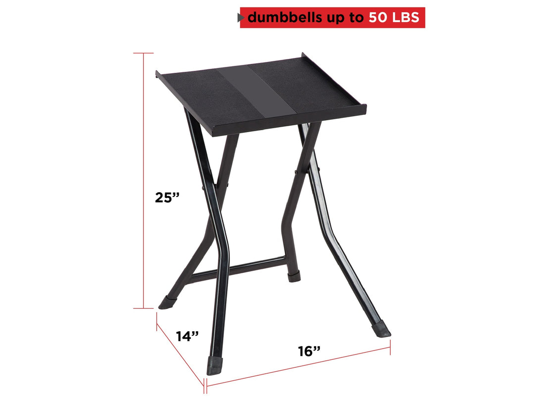 PowerBlock small compact dumbbell stand view from front, 16 by 14 by 25 inches. Dumbbells up to 50 pounds.